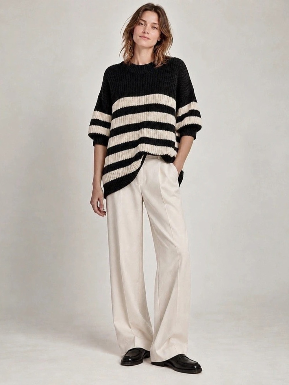 Zara Striped Crewneck Sweater in Black & Cream Size Small